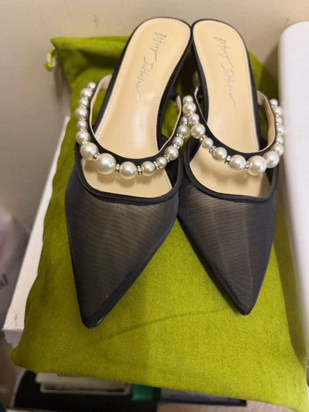 Betsey Johnson Black Pointed Mesh Mules with Pearl Strap - Picture 7 of 7